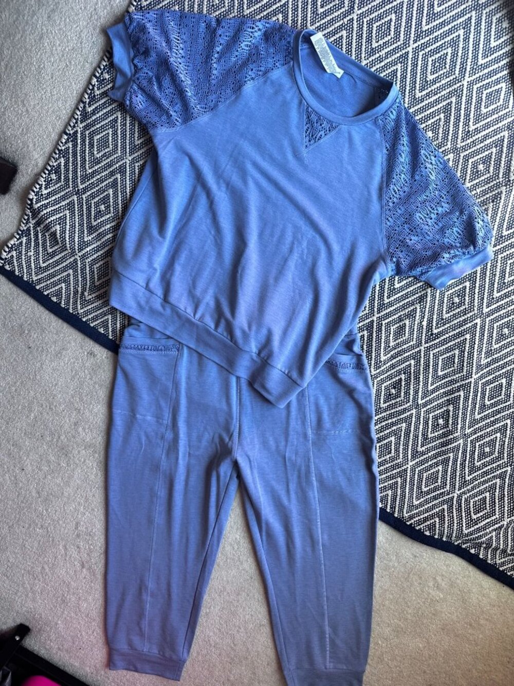 Nanette Lepore Blue Short Puff Sleeve Crochet Detail Top & matching cropped pant